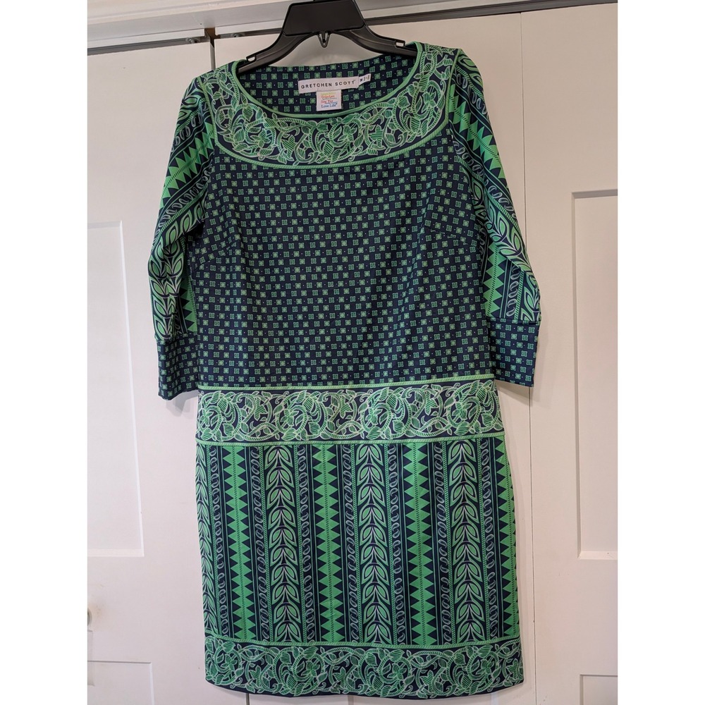 Gretchen Scott Navy Green Geometric Print 3/4 Sleeve Shift Dress Size M